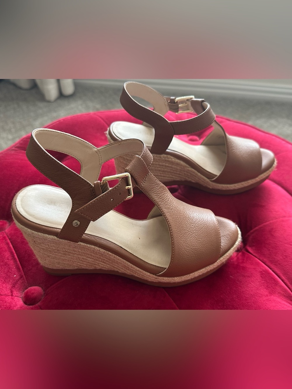 Cole Haan Brown Leather Wedge Sandals with Ankle Buckle